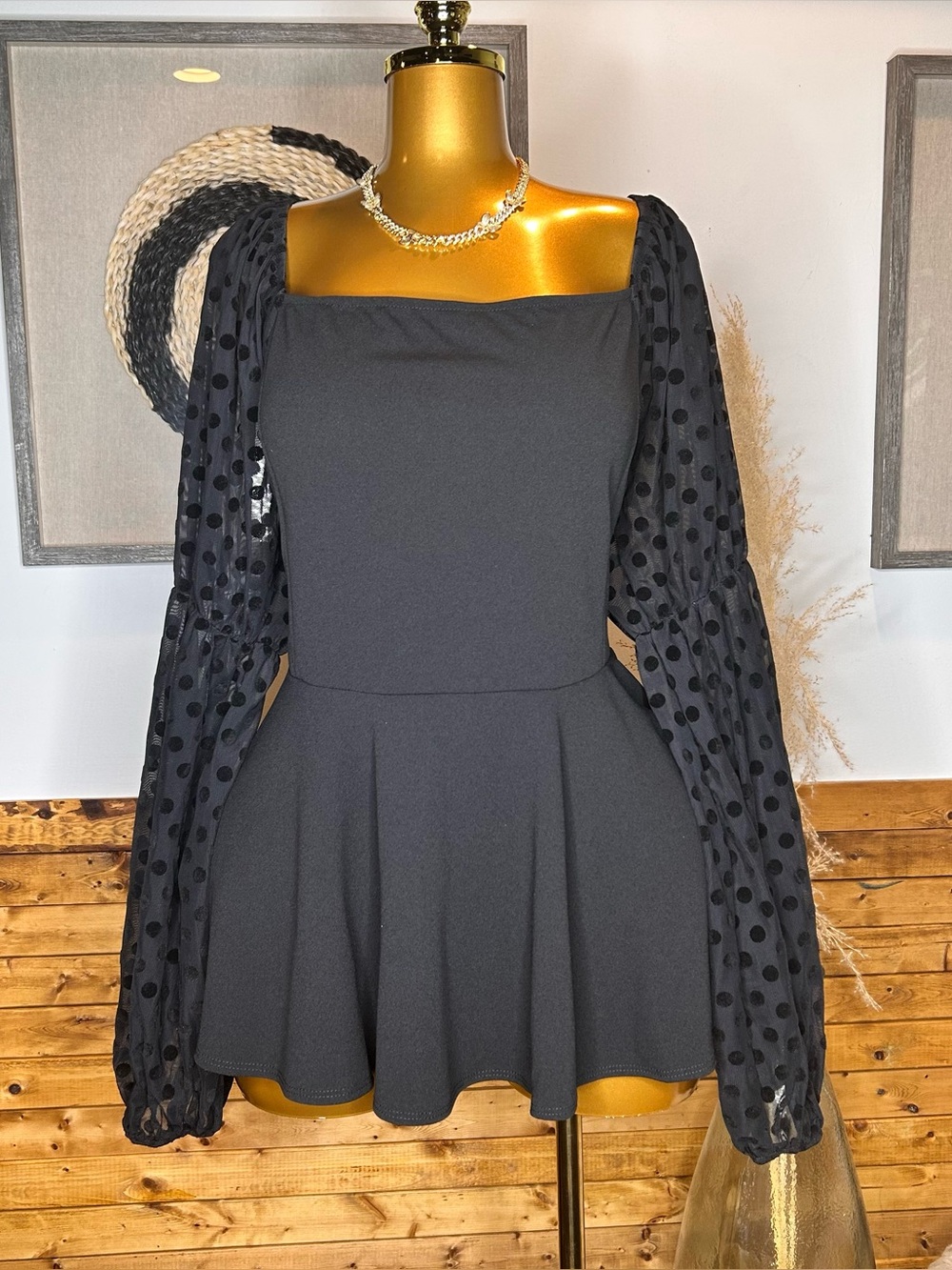 Sheer Polka Dot Puff Sleeve Peplum Top - Black